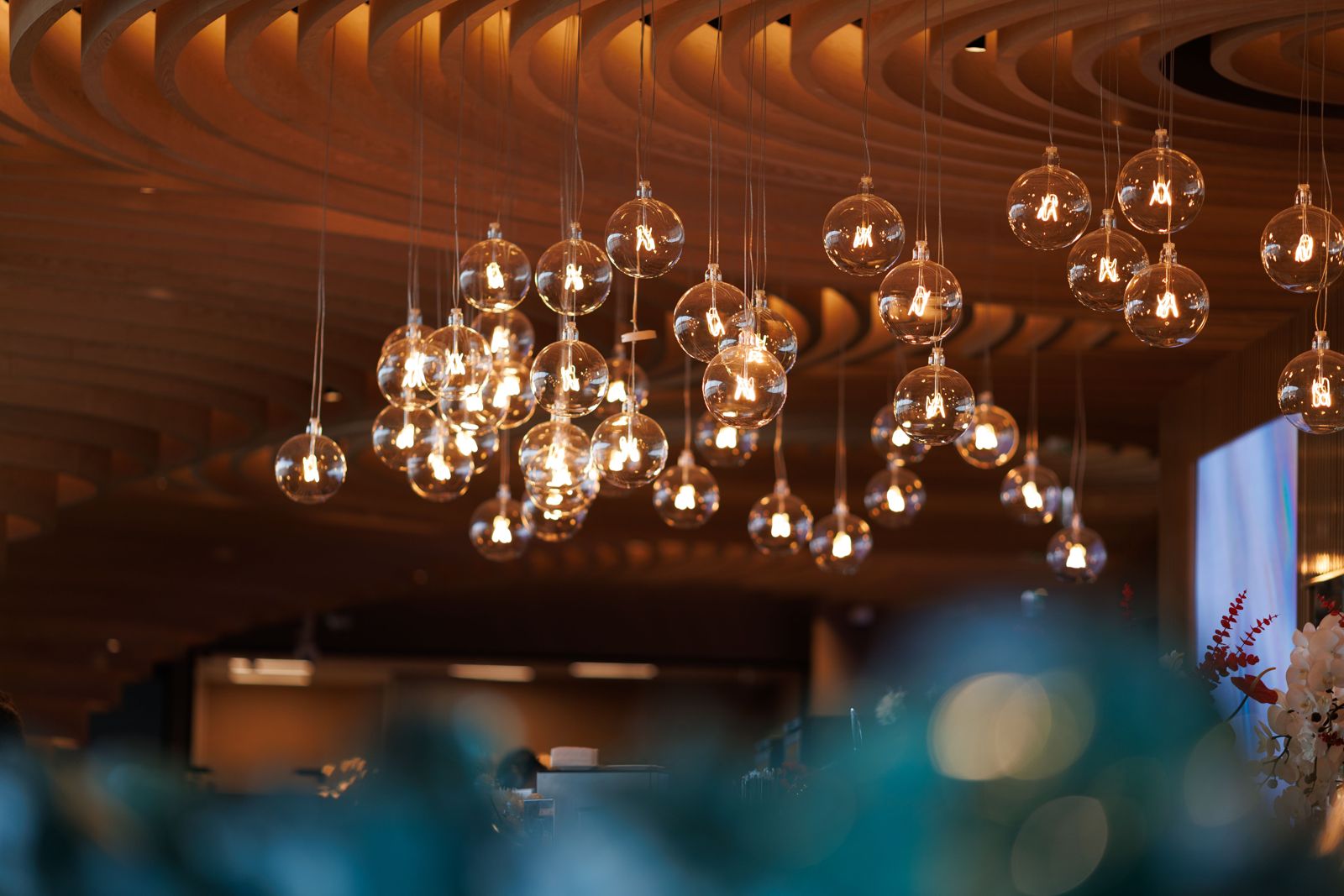 Clear globe pendants floating in a cluster